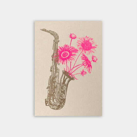 Postkarte / Saxophon mit Blumen