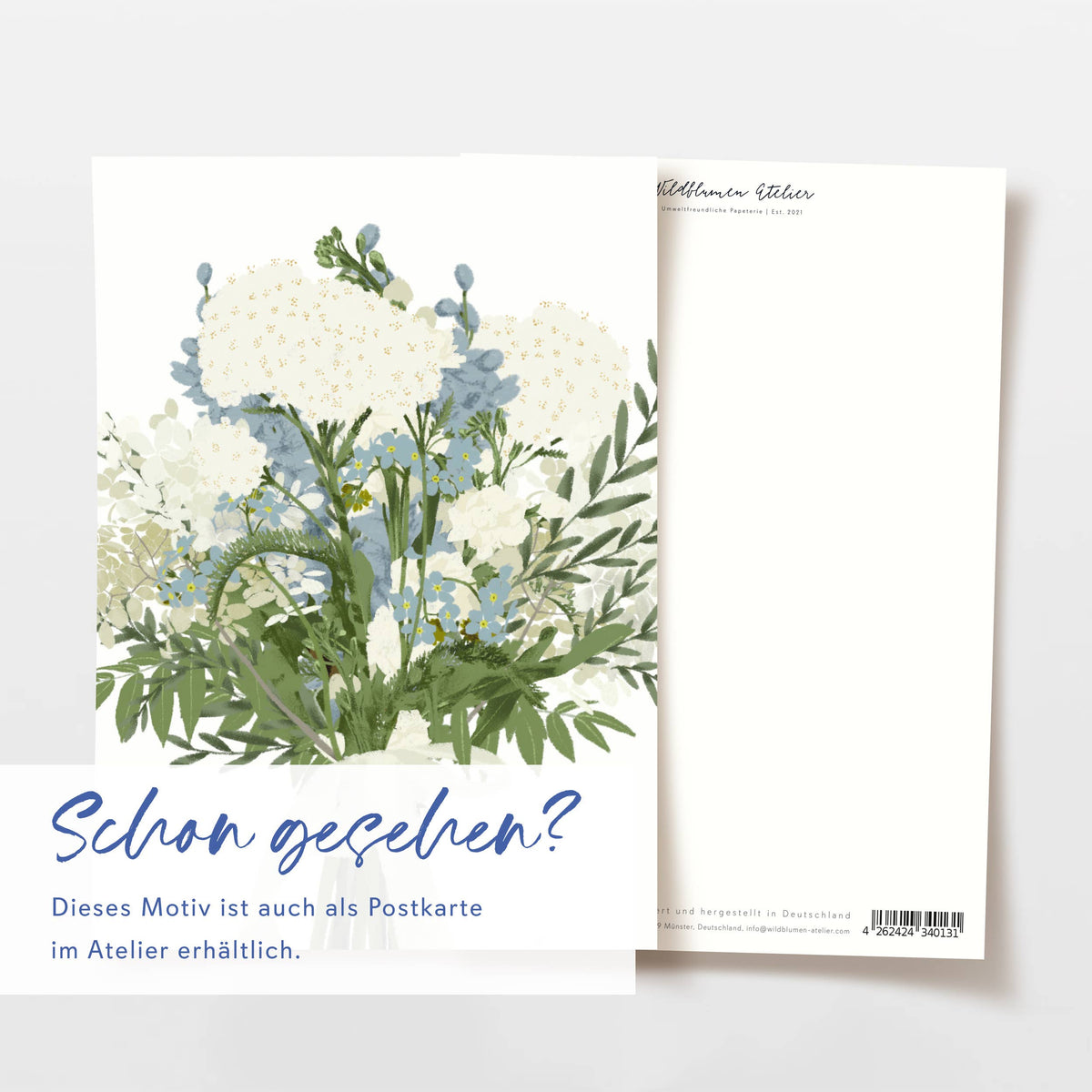 Wildblumenatelier Klappkarte für Blumenstrauß mit blauen und weißen Blumen