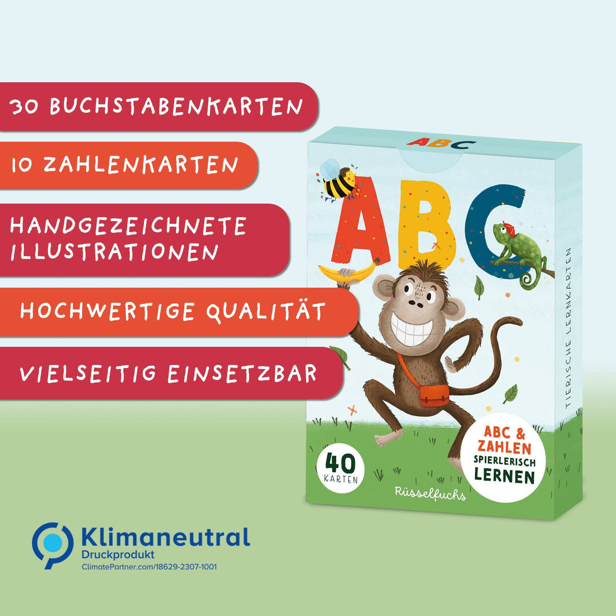 Rüsselfuchs- ABC-Kartenset mit 30 Buchstabenkarten und 10 Zahlenkarten