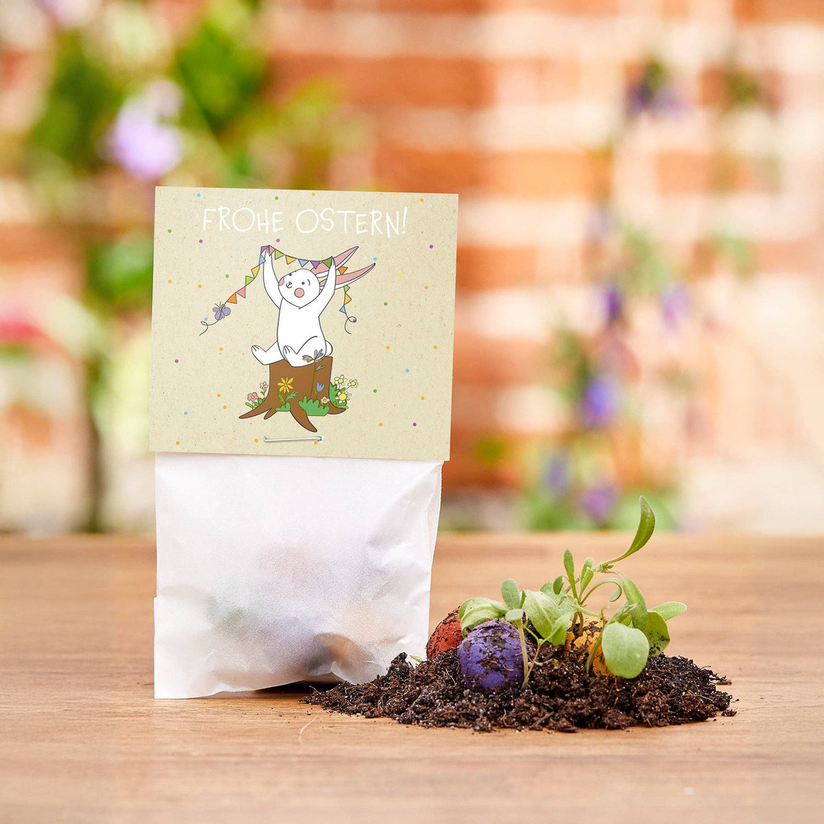 5er Blumenmurmeln im Pergaminbeutel - Frohe Ostern - Hase mit Deko