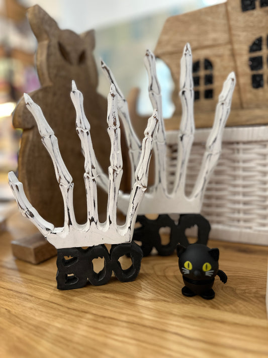 Halloween Holzdeko Skeletthand Boo