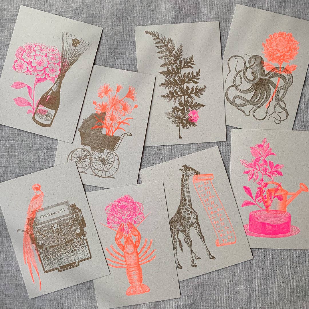 Postkarte zur Geburt / Kinderwagen mit Blume
